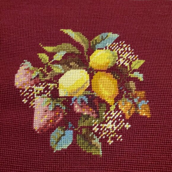 Vtg Needlepoint Petitpoint Chair Pillow Cover Fruit Lemon Strawberry 16"×19" - Picture 6 of 9